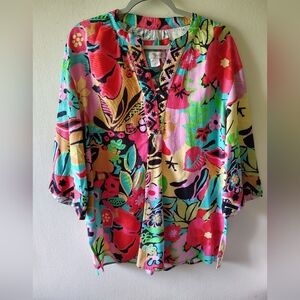 True Luxe Colorful Boho Embroidered Cotton Beach Artsy V Neck Tunic Top Large